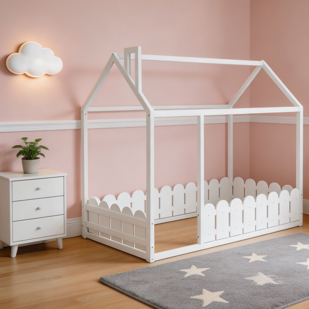 White Twin Solid Wood Montessori Floor Bed with Roof
