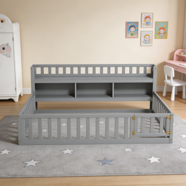 Grey Twin Montessori Floor Bed with Bookcase Storage Shelves Door